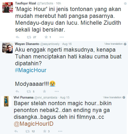 Inilah sebagian kecil dari sederet respon positif yang diungkapkan para penikmat dan pengamat film untuk MAGIC HOUR ©Twitter
