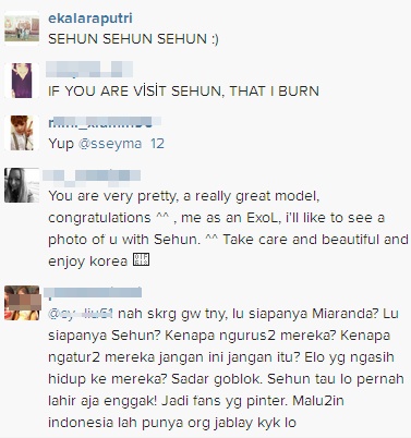 Beberapa komentar pedas dan dukungan yang diberikan fans EXO untuk Miranda © instagram.com/mirandakerr