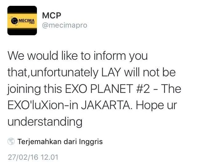 Mecimapro memastikan Lay bakal absen dalam konser EXO'luXion in Jakarta malam nanti. ©Twitter/Mecimapro
