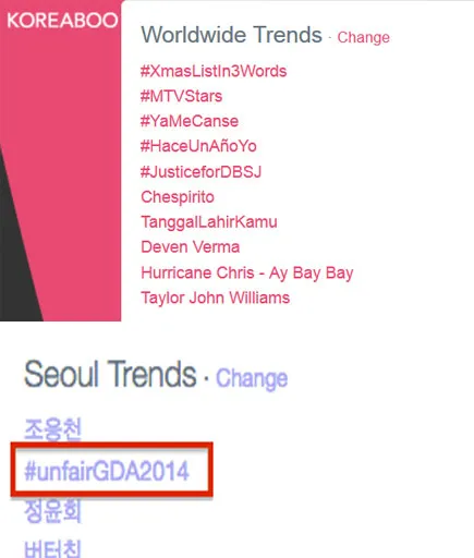 Fans membuat trending #JusticeforDBSJ dan #unfairGDA2014 sebagai bentuk protes. @koreaboo.com
