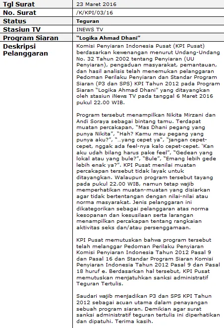 Teguran KPI untuk 'Logika Ahmad Dhani' © kpi.go.id