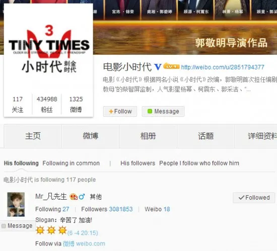 Official akun TINY TIMES 3 memfollow Weibo KRIS, diperkirakan sang idol akan bekerja sama dengan penulis film populer tersebut @allkpop.com