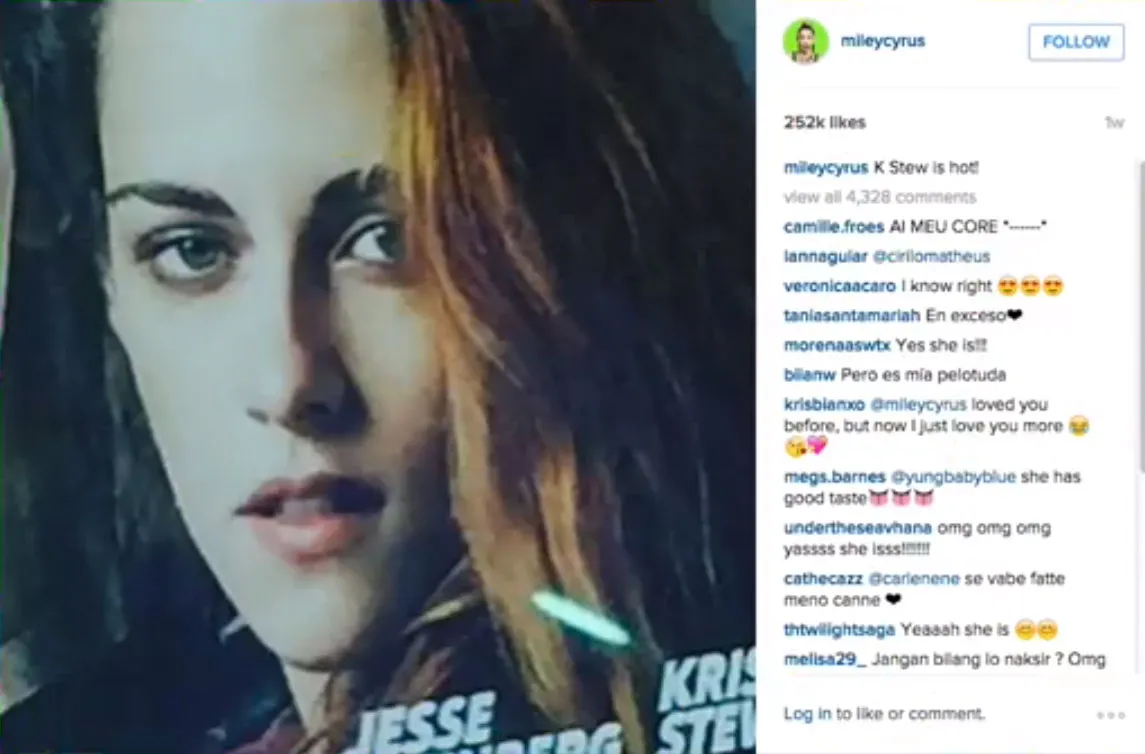 Miley Cyrus puji keseksian Kristen Stewart © Instagram/Mileycyrus