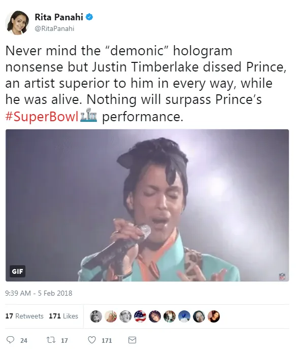 Ragam kritik dan sindiran atas penampilan Tribute Justin Timberlake untuk Prince bermunculan di Twitter © twitter.com/RitaPanahi
