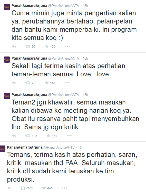 Tanggapan tim 'Panah Asmara Arjuna'. @twitter.com/PanahArjunaANTV