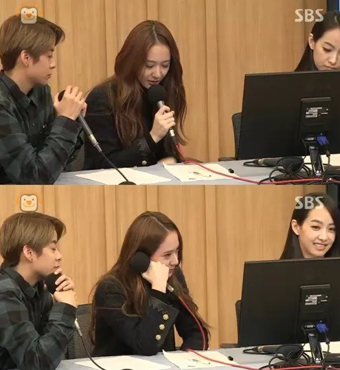 Krystal f(x) yang langsung tersipu malu saat mengingat Kim Woo Bin yang sering menggodanya karena dianggap cantik. ©soompi.com