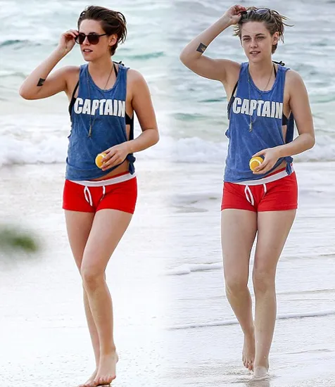 Gaya seksi Kristen saat bermain di pantai @ dailymail.co.uk