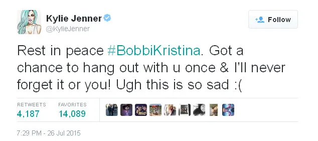 Kylie Jenner ucapkan belasungkawa atas kematian Bobbi Kristina © Twitter/Kylie Jenner