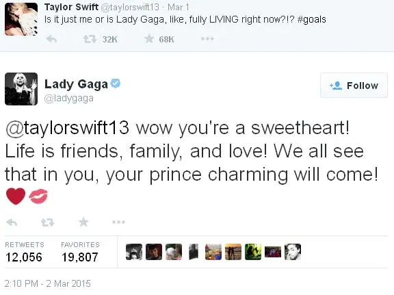 Dengan segera, Lady Gaga membalas tweet galau Taylor Swift ©twitter.com/ladygaga