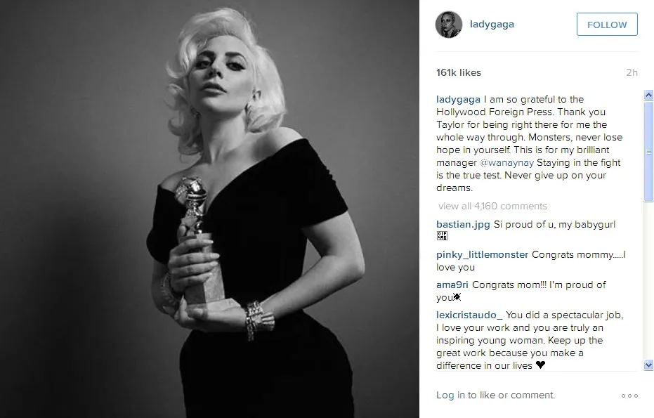 Foto Yang Di-posting Lady Gaga Sesaat Setelah Golden Globe Awards © Instagram ladygaga