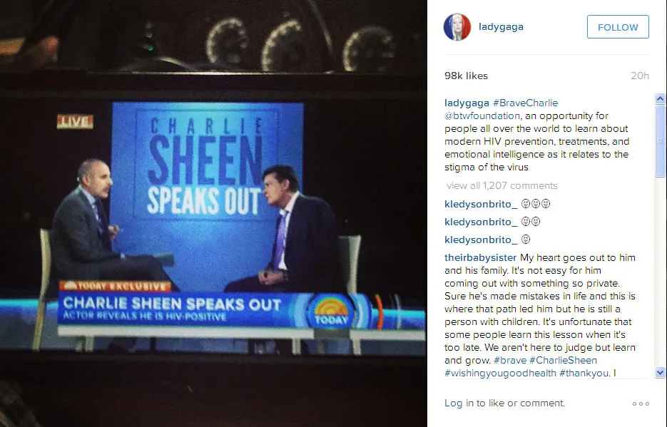 Lady Gaga beri dukungan untuk Charlie Sheen © Instagram/Ladygaga