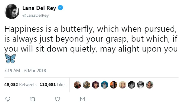 'Happiness is a Butterfly' sempat diungkap Lana Del Rey pada 5 Maret 2018 kemarin © twitter.com/LanaDelRey
