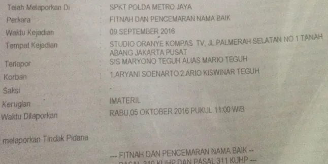 Pengacara Mario Teguh menyebut ada kerugian materil di laporan pihak Kiswinar. Namun setelah dicek ulang yang tercantum adalah imateril.