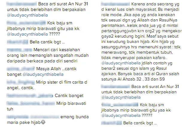 Komentar netizen mengenai postingan foto Laudya Bella / © Instagram