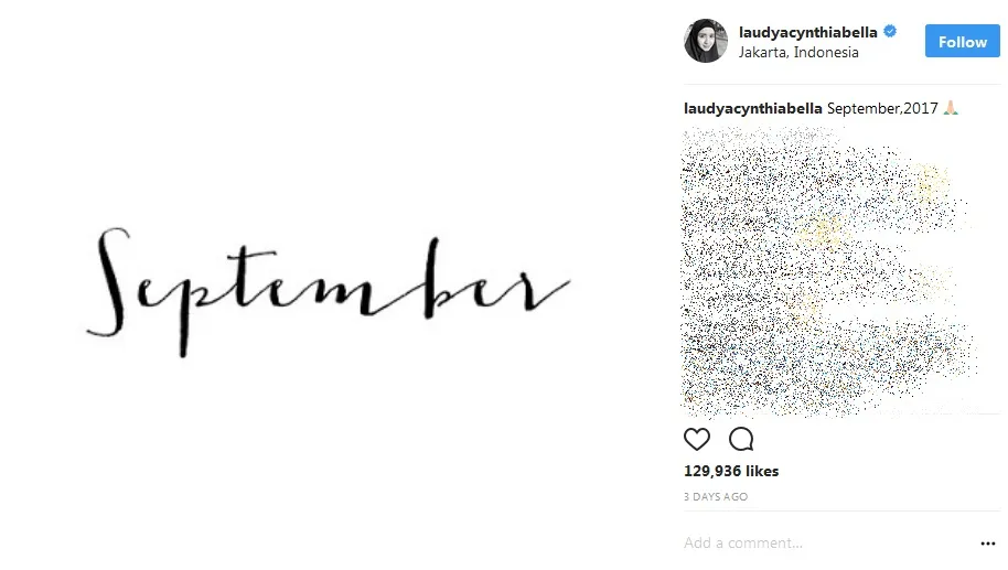 Bella unggah foto bertuliskan 'September' sebagai petunjuk bulan bahagianya. /©instagram.com/laudyacynthiabella