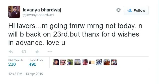 Lavanya hari ini pulang ke India. @Twitter/lavanyabhardwa1