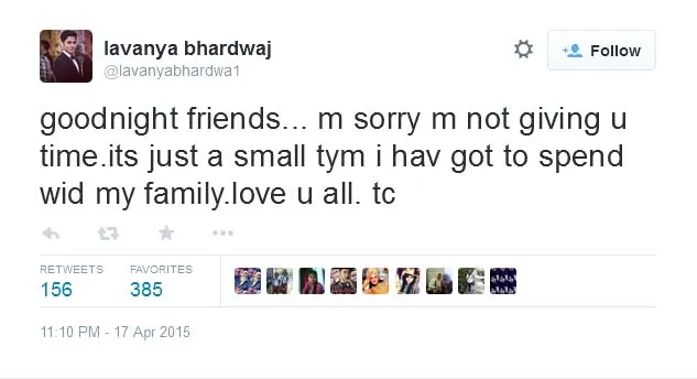 Lavanya minta maaf kepada fansnya karena jarang update status. @twitter/lavanyabhardwa1