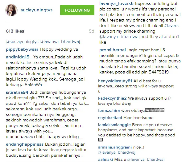 Begini reaksi fans Lavanya saat tahu Suci menikah. © instagram/suciayuningtys/lavanyabhardwaj