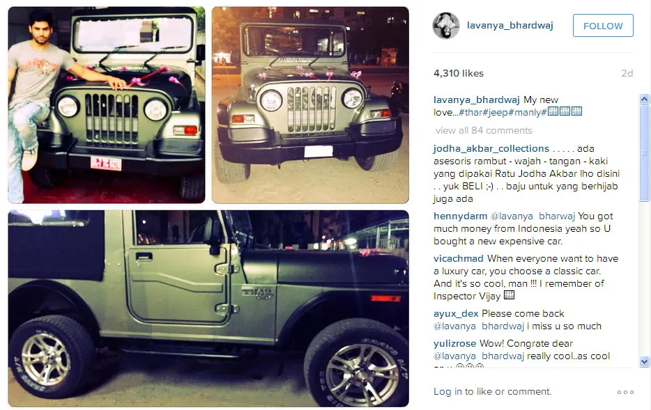 Ini dia mobil klasik baru milik Lavanya, keren kan? © Instagram.com/lavanya_bhardwaj
