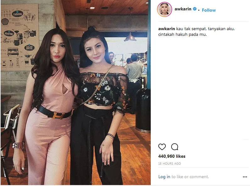 Awkarin menuliskan caption lagu berjudul Sunny dalam caption foto bersama Lucinta Luna. © Instagram/awkarin