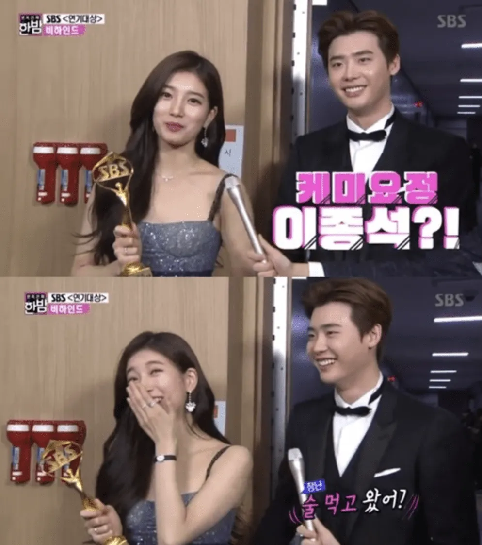 Suzy dan Lee Jong Suk saling goda di belakang panggung © SBS