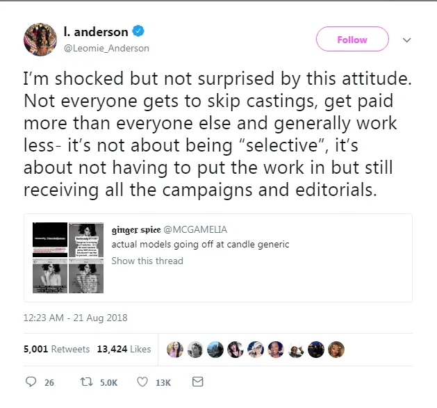 Seorang model baru merasa amat tersinggung dengan kata-kata Kendall. (twitter.com/leomie_anderson)