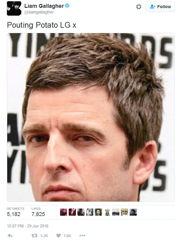 Liam Gallagher sebut Noel dengan sebutan kentang cemberut di akun Twitter-nya © twitter.com/liamgallagher