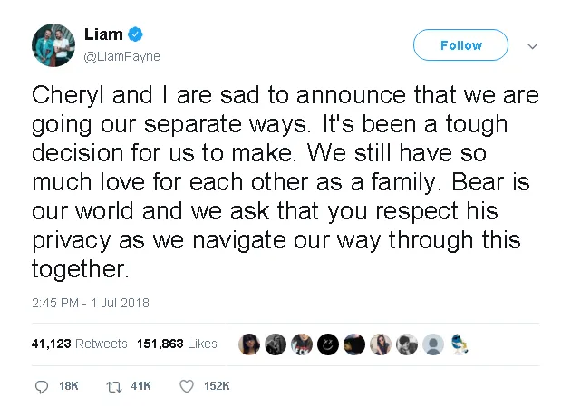 Liam dan Cheryl kompak umumkan perpisahan mereka © twitter.com/LiamPayne