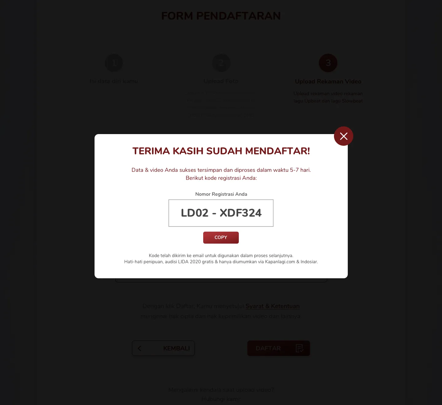 Setelah selesai, kalian akan menerima nomor registrasi. (credit: Kapanlagi.com)
