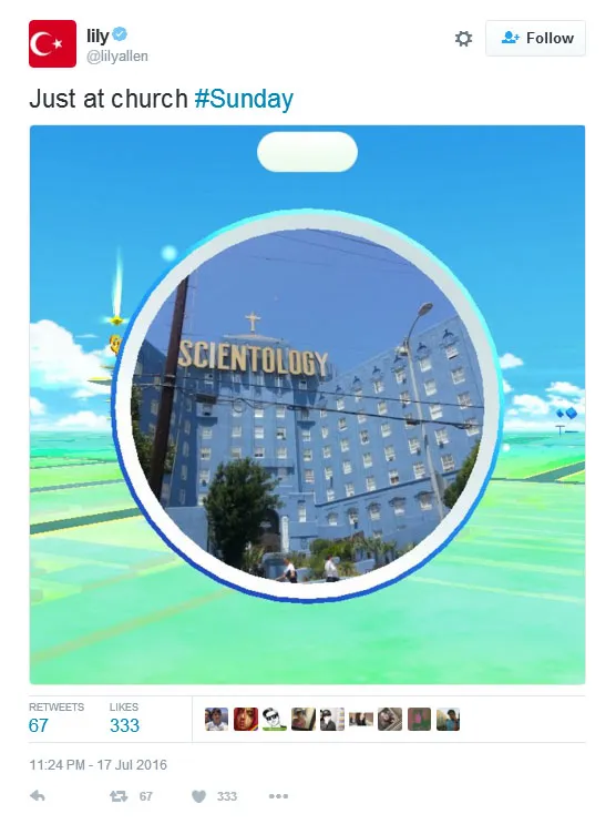 Lily Allen, berburu Pokemon sampai ke Gereja © twitter.com/lilyallen