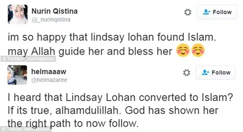Reaksi bahagia netizen mendengar kabar Lindsay masuk Islam © twitter.com
