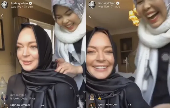Tika saat memakaikan kain hijab di kepala Lindsay © Instagram Live Lindsay Lohan