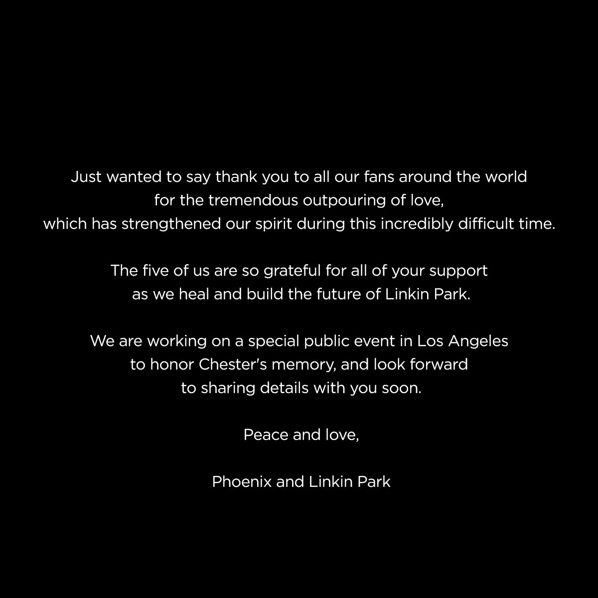 Melalui Twitter, Linkin Park mengungkapkan tengah bersiap untuk menggelar acara tribute bagi Chester Bennington © twitter.com/linkinpark