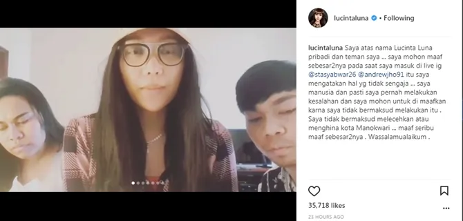 Video permintaan maaf Lucinta dkk kepada masyarakat Papua. © Instagram.com/lucintaluna