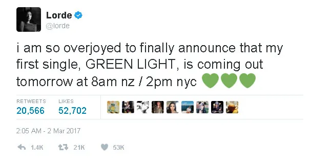 Lorde umumkan single barunya, 'Green Light' © twitter.com/lorde