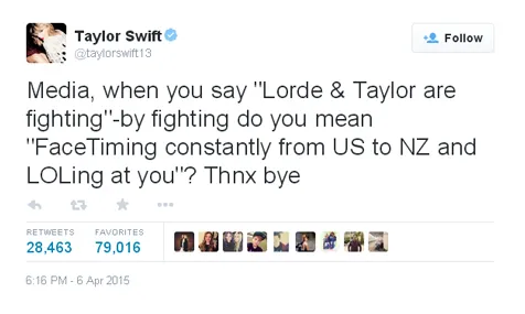 Swift bantah telah berseteru dengan Lorde @ twitter.com/taylorswift13
