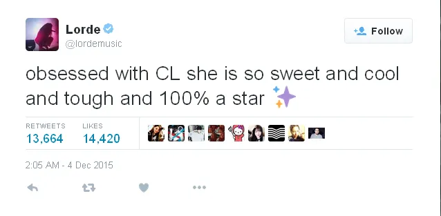 Lorde beri pujian buat CL 2NE1 © Twitter.com/lordemusic