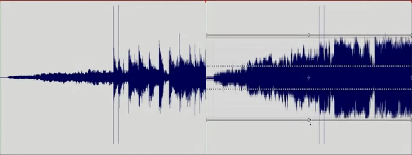 Perbandingan loudness level dari lagu standar (kiri) sampai diperbesar melebihi batas normal layaknya loudness war (kanan) © YouTube/Matt Mayfield Music