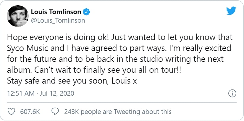 Louis' tweet about his departure from Syco Music