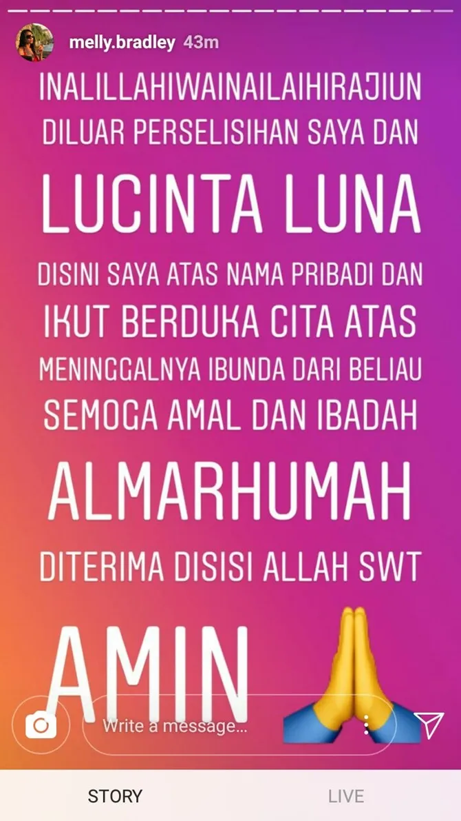 Melly Bradley turut berbelasungkawa atas meninggalnya ibu Lucinta Luna (credit: instagram.com/melly.bradley)
