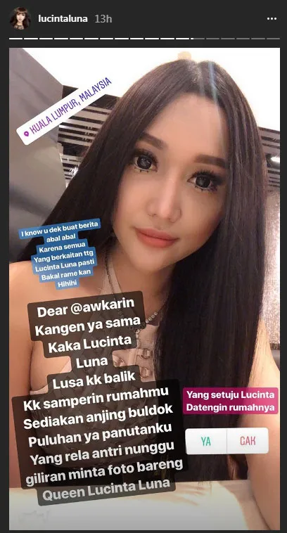 Balasan Lucinta Luna untuk Awkarin. © Instagram.com/lucintaluna