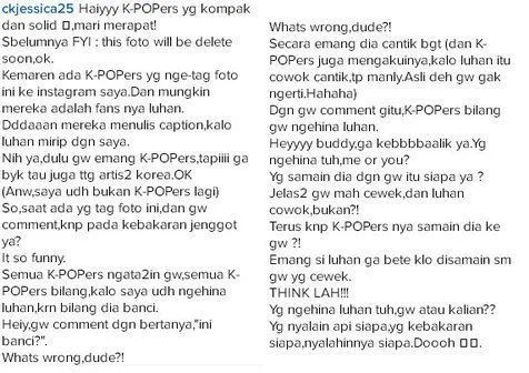 Caption Chika Jessica yang dianggap menghina Luhan ©Instagram/ckjessica25