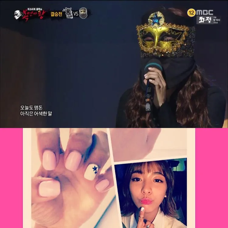 Penyanyi bertopeng yang diduga adalah Luna f(x) karena memiliki hiasan kuku yang mirip. ©soompi.com