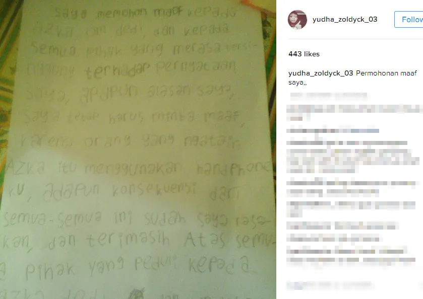 Permohonan Wira Yudha karena sudah menghina Azka © Instagram.com/yudha_zoldyck_03