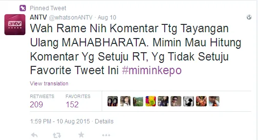 'Mahabharata' bakal ditayang ulang, yang tak setuju hampir sama dengan yang setuju. @twitter/whatsonANTV