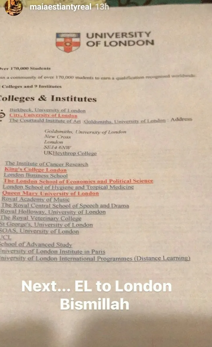Maia mengabarkan El bakal kuliah di London ©instagram/maiaestiantyreal