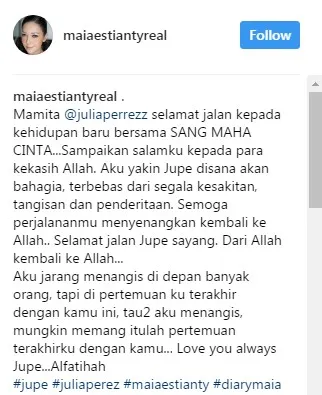 Tak disangka itu adalah momen terakhirnya bertemu dengan Jupe. © instagramcom/maiaestiantyreal
