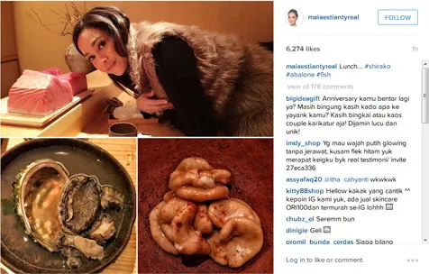 Bunda Maia makan Shirako dan Abalone © Instagram.com/maiaestiantyreal