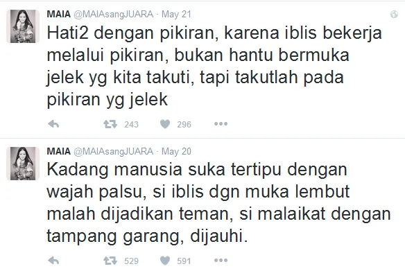 Tweet Maia yang banjir pujian © Twitter/MAIAsangJUARA