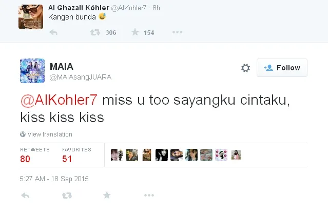 Percakapan mesra Al dan Maia © Twitter/maiasangjuara